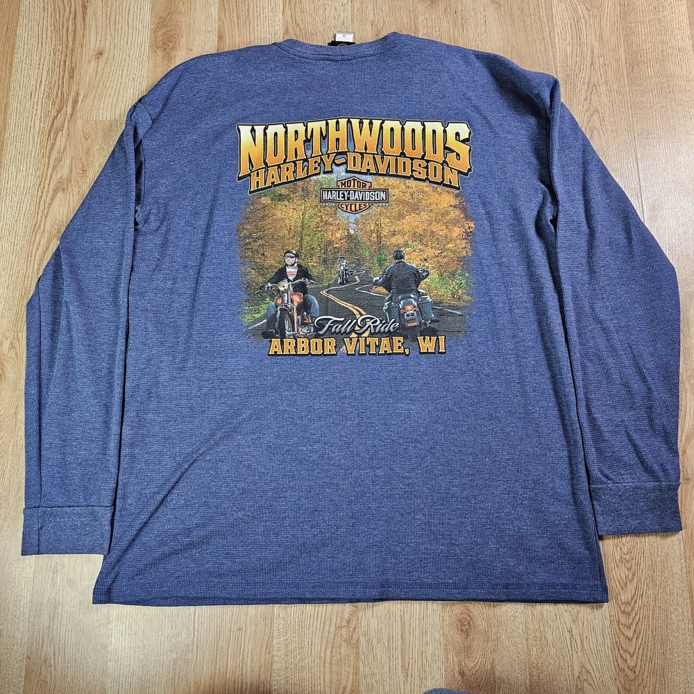 Harley-Davidson Henley Shirt Mens 2X Blue Waffle Northwoods Fall Ride Thermal